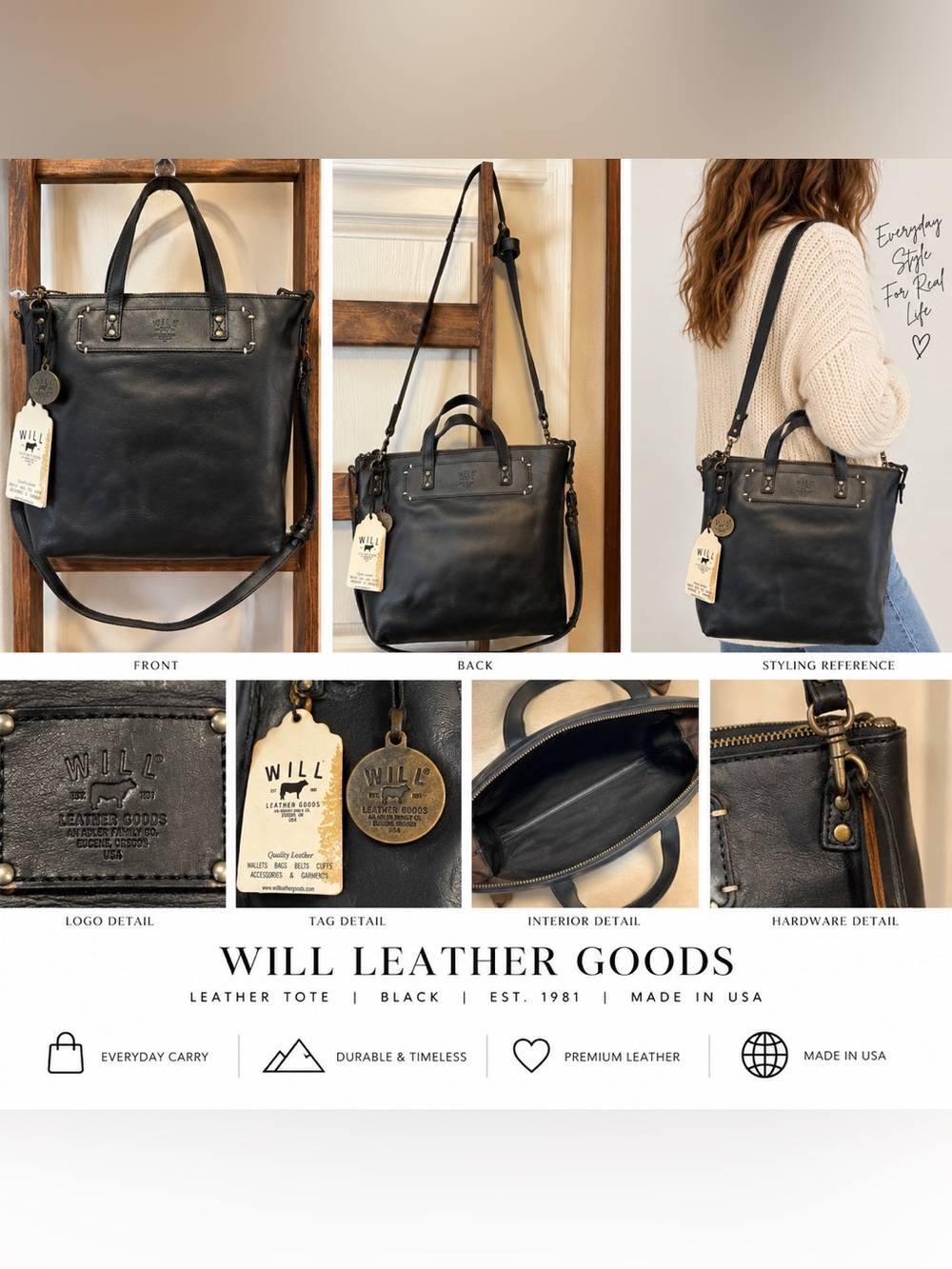 Will Leather Goods Black Leather Convertible Messenger Satchel